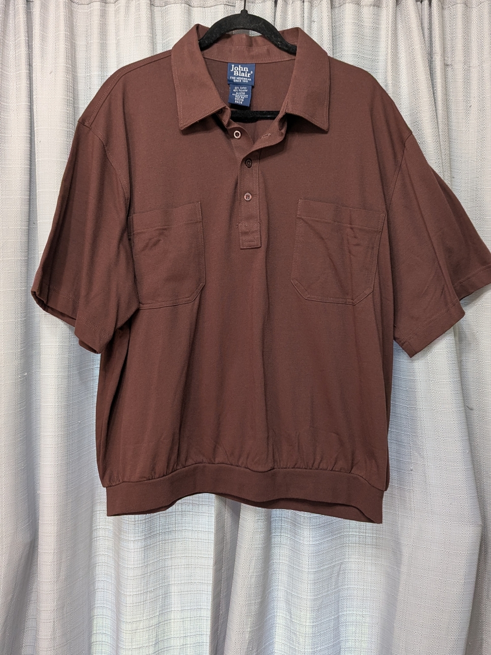 VTG John Blair Mens Banded Waist Polo Shirt Retro Brown, Grandpa 4 buttons Sz XL